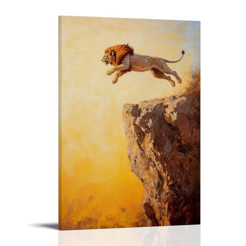 WJHJZQYY Ölgemälde mit Tiermotiv eines Löwen, der eine Klippe mit Senfhimmel unter dem Himmel abblättert, dekoratives Wandbild, modernes Kunstposter, 60 x 90 cm von WJHJZQYY