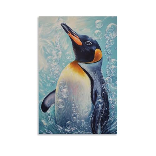 WJHJZQYY Ölgemälde mit Tiermotiv eines Pinguins, der sich in winzigen Duschvorhängen verheddert und Blasen in die Luft dreht. Dekoratives Wandbild, modernes Kunstposter, 60 x 90 cm von WJHJZQYY