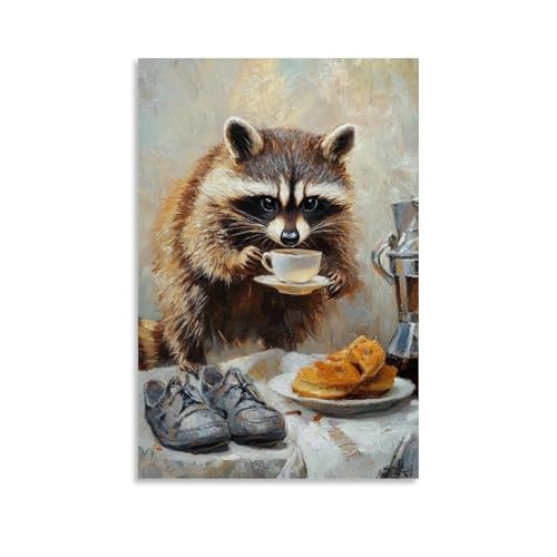 WJHJZQYY Ölgemälde mit Tiermotiv eines Waschbärs, der über Hausschuhe stolpert, während er zum Kaffee eilt. Dekoratives Wandbild, modernes Kunstposter, 60 x 90 cm von WJHJZQYY