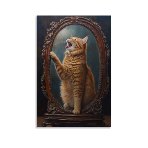 WJHJZQYY Ölgemälde mit Tiermotiven einer Katze, die Oper in einen nebligen Spiegel singt, während sie den Schwanz dramatisch bürstet. Dekoratives Wandbild, modernes Kunstposter, 50 x 75 cm von WJHJZQYY