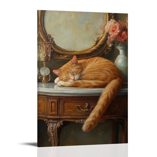 WJHJZQYY Ölgemälde mit Tiermotiven einer Katze, die elegant über eine Eitelkeit drapiert ist und ihre Reflexion mit schläfrigem Königtum vermessen. Dekoratives Wandbild, modernes Kunstposter, 30 x 45 von WJHJZQYY