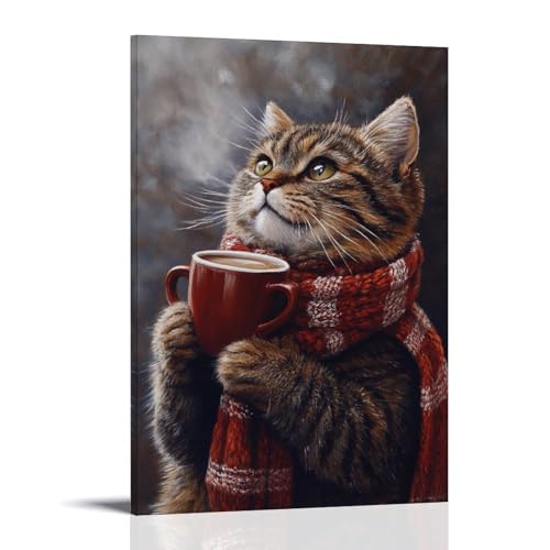 WJHJZQYY Ölgemälde mit Tiermotiven einer Katze, die ihren stilvollen Schal beim Trinken des Morgens Kaffee überprüft. Dekoratives Wandbild, modernes Kunstposter, 40 x 60 cm von WJHJZQYY