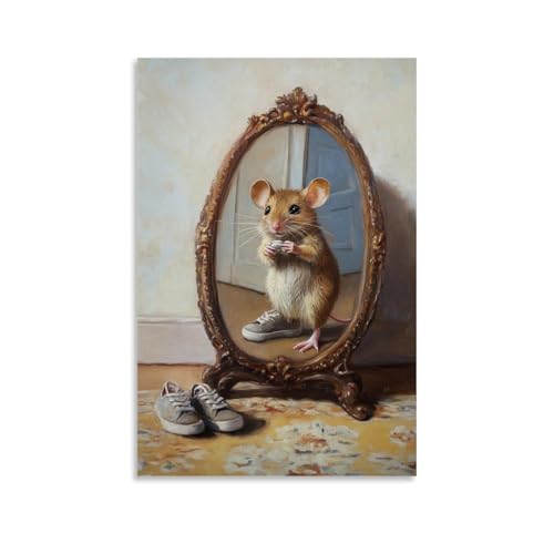 WJHJZQYY Ölgemälde mit Tiermotiven einer Maus, die winzige Turnschuhe in einem Bodenspiegel überprüft, stolz auf einem hellgelben Teppich posiert. Dekoratives Wandbild, modernes Kunstposter, 50 x 75 von WJHJZQYY