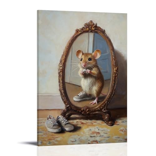 WJHJZQYY Ölgemälde mit Tiermotiven einer Maus, die winzige Turnschuhe in einem Bodenspiegel überprüft, stolz auf einem hellgelben Teppich posiert. Dekoratives Wandbild, modernes Kunstposter, 50 x 75 von WJHJZQYY