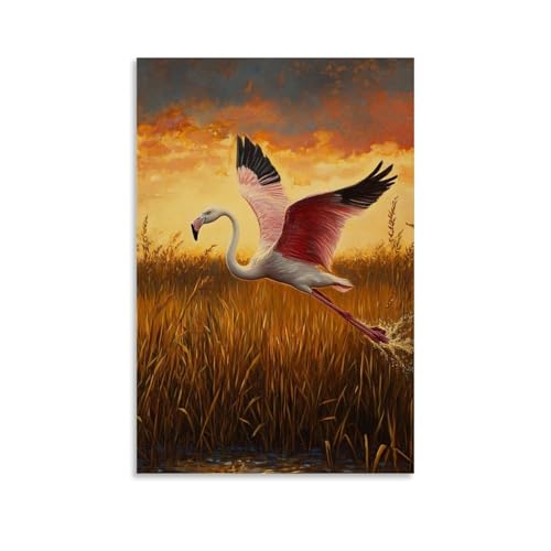 WJHJZQYY Ölgemälde mit Tiermotiven eines Flamingos, der durch Schilf in einem goldenen Sumpf bei Dämmerung wakeboarden wird. Dekoratives Wandbild, modernes Kunstposter, 20 x 30 cm von WJHJZQYY