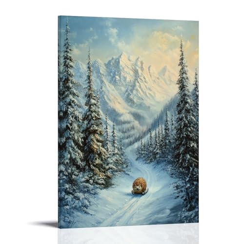 WJHJZQYY Ölgemälde mit Tiermotiven eines Igels, der einen Schlitten hinunter an einem Alpenpass umgeben von hohen Tannen reitet. Dekoratives Wandbild, modernes Kunstposter, 30 x 45 cm von WJHJZQYY