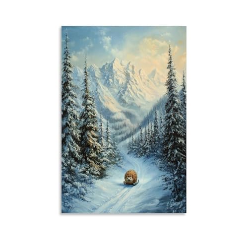 WJHJZQYY Ölgemälde mit Tiermotiven eines Igels, der einen Schlitten hinunter an einem Alpenpass umgeben von hohen Tannen reitet. Dekoratives Wandbild, modernes Kunstposter, 60 x 90 cm von WJHJZQYY