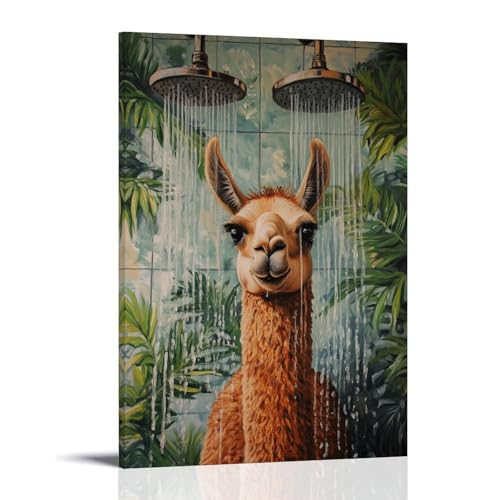 WJHJZQYY Ölgemälde mit Tiermotiven eines Lamas, das dramatisch unter tropfenden Duschköpfen in einem tropischen Badezimmer posiert. Dekoratives Wandbild, modernes Kunstposter, 60 x 90 cm von WJHJZQYY