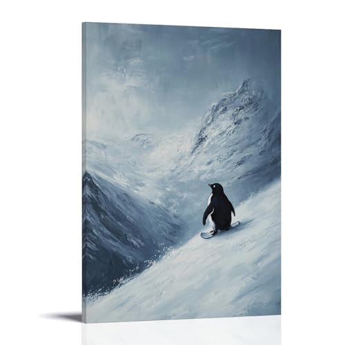 WJHJZQYY Ölgemälde mit Tiermotiven eines Pinguins, der von einem Hang in einen gefrorenen Fjord Snowboarding abseits eines gefrorenen Fjords, dekoratives Wandbild, modernes Kunstposter, 50 x 75 cm von WJHJZQYY