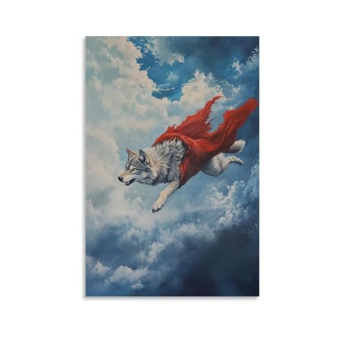 WJHJZQYY Ölgemälde mit Tiermotiven eines Wolfs, der zwischen Sturmwolken in einem zerrissenen roten Flügelanzug über Graphitblau gleitet. Dekoratives Wandbild, modernes Kunstposter, 20 x 30 cm von WJHJZQYY