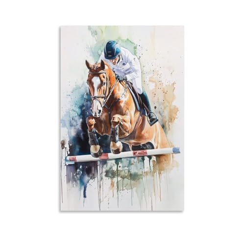 WJHJZQYY Sportposter Reitsport-Aquarellgemälde von Springen, dekoratives Wandbild, modernes Kunstposter, 20 x 30 cm von WJHJZQYY