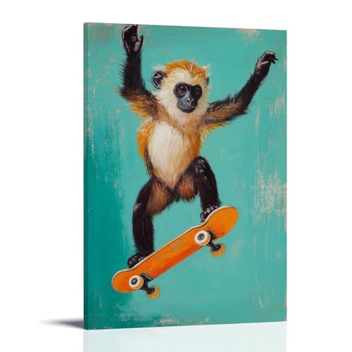 WJHJZQYY Tier-Ölgemälde eines Affen, handstehend auf einem Skateboard über sauberem, blaugrünem Feld, dekoratives Wandbild, modernes Kunstposter, 50 x 75 cm von WJHJZQYY