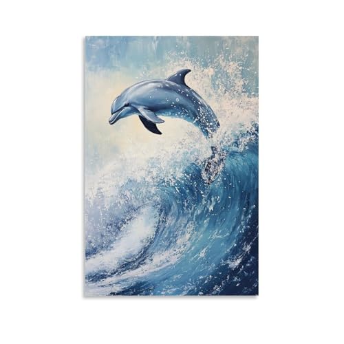 WJHJZQYY Tier-Ölgemälde eines Delfins, der auf einer gefrorenen Welle vor einem weichen himmelblauen Hintergrund surft, dekoratives Wandbild, modernes Kunstposter, 40 x 60 cm von WJHJZQYY