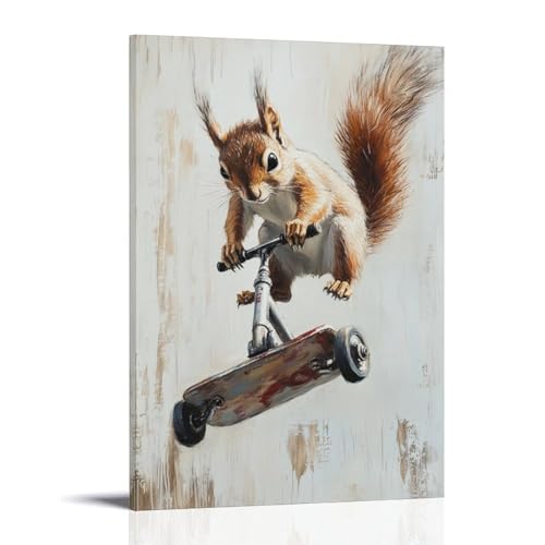 WJHJZQYY Tier-Ölgemälde eines Eichhörnchens, das Scooter-Tricks auf einem hellcremefarbenen Hintergrund macht, dekoratives Wandbild, modernes Kunstposter, 50 x 75 cm von WJHJZQYY