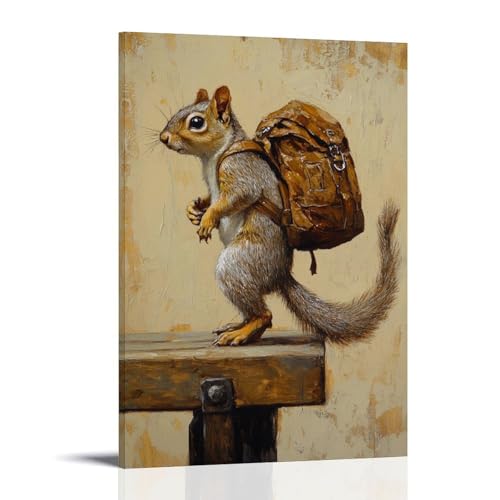 WJHJZQYY Tier-Ölgemälde eines Eichhörnchens mit Rucksack, der einen Schwanzgriff über einer Bank auf einem soliden hellbraunen Hintergrund macht. Dekoratives Wandbild, modernes Kunstposter, 50 x 75 cm von WJHJZQYY