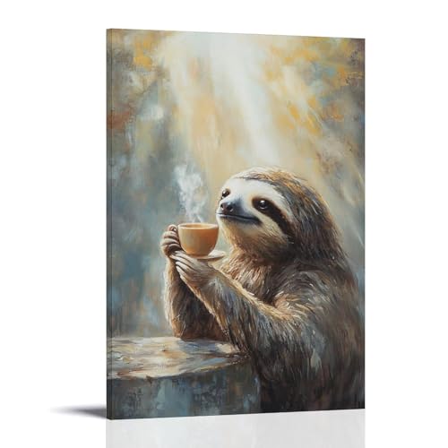 WJHJZQYY Tier-Ölgemälde eines Faultiers, der langsam Tee in einem Sonnenstrahl trinkt, gerahmt von weichen Pinselstrichen eines staubigen Leinenhimmels. Dekoratives Wandbild, modernes Kunstposter, 50 von WJHJZQYY