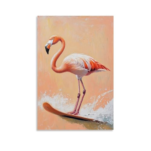 WJHJZQYY Tier-Ölgemälde eines Flamingo-Wakeboarden mit perfekter Balance auf Pfirsich-Hintergrund. Dekoratives Wandbild, modernes Kunstposter, 40 x 60 cm von WJHJZQYY