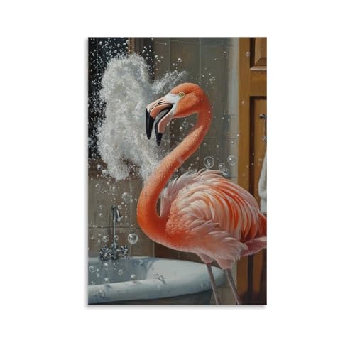 WJHJZQYY Tier-Ölgemälde eines Flamingos, der Schaumstoffblasen spritzt, während sie in einen beschlagenen Badezimmerspiegel lachen. Dekoratives Wandbild, modernes Kunstposter, 30 x 45 cm von WJHJZQYY
