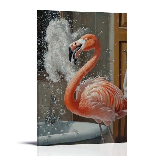 WJHJZQYY Tier-Ölgemälde eines Flamingos, der Schaumstoffblasen spritzt, während sie in einen beschlagenen Badezimmerspiegel lachen. Dekoratives Wandbild, modernes Kunstposter, 40 x 60 cm von WJHJZQYY