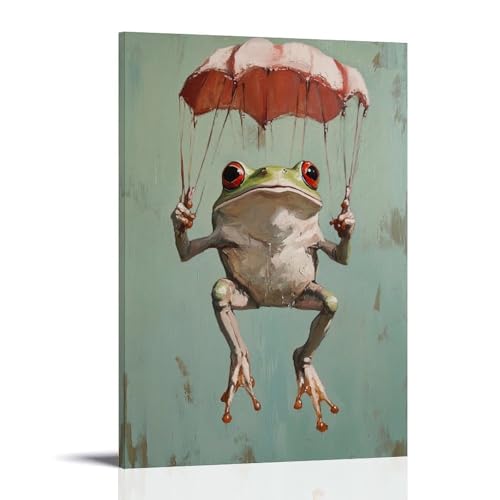 WJHJZQYY Tier-Ölgemälde eines Frosches aus einer Fallschirmkanone gestartet, Gliedmaßen flattern fröhlich auf Mintgrün. Dekoratives Wandbild, modernes Kunstposter, 30 x 45 cm von WJHJZQYY