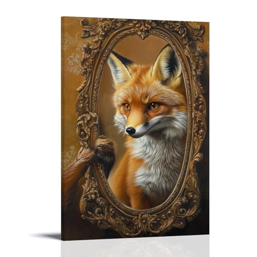 WJHJZQYY Tier-Ölgemälde eines Fuchs, der seine Schnurrhaare vor einem Spiegel wie ein königlicher Höfling rollt, Kulisse aus weichem Ocker. Dekoratives Wandbild, modernes Kunstposter, 30 x 45 cm von WJHJZQYY
