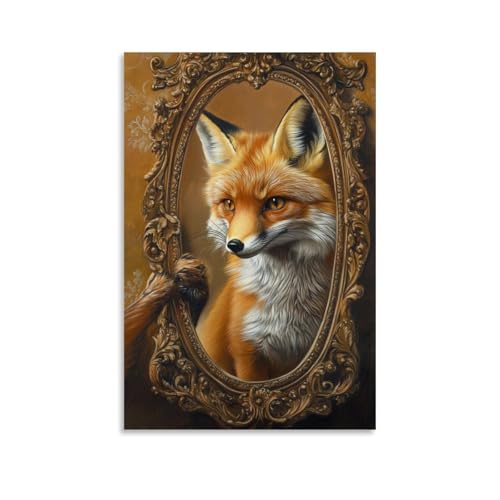 WJHJZQYY Tier-Ölgemälde eines Fuchs, der seine Schnurrhaare vor einem Spiegel wie ein königlicher Höfling rollt, Kulisse aus weichem Ocker. Dekoratives Wandbild, modernes Kunstposter, 40 x 60 cm von WJHJZQYY