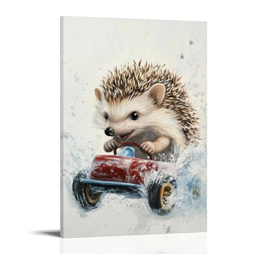 WJHJZQYY Tier-Ölgemälde eines Igels, der ein Seifenbox-Auto rennt, Schaumstoff, weißer Hintergrund, dekoratives Wandbild, modernes Kunstposter, 60 x 90 cm von WJHJZQYY