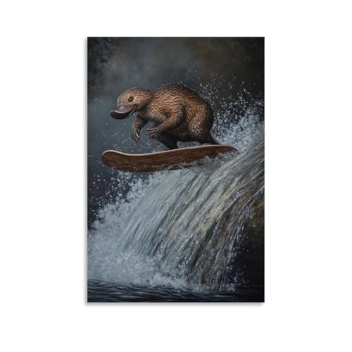 WJHJZQYY Tier-Ölgemälde eines Schnabeltiers, der auf einem Skimboard über unsichtbaren Fluss reitet, auf mattem Schieferhintergrund, dekoratives Wandbild, modernes Kunstposter, 30 x 45 cm von WJHJZQYY