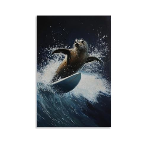 WJHJZQYY Tier-Ölgemälde eines Siegels, das eine Welle auf einem Surfbrett fängt, Wasserspritzer auf massivem marineblauem Hintergrund. Dekoratives Wandbild, modernes Kunstposter, 20 x 30 cm von WJHJZQYY