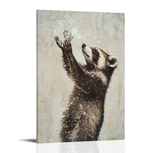 WJHJZQYY Tier-Ölgemälde eines Waschbärs, der Schneeflocken in der Luft fängt, Brett hängend auf Vanilleweiß. Dekoratives Wandbild, modernes Kunstposter, 30 x 45 cm von WJHJZQYY