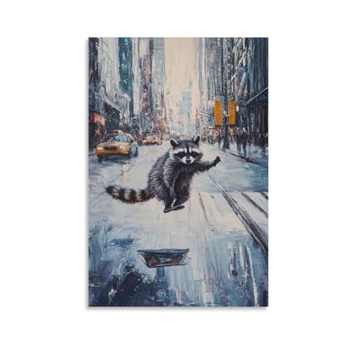 WJHJZQYY Tier-Ölgemälde eines Waschbärs, der einen Kickflip auf einer belebten Stadtstraße durchführt, dekoratives Wandbild, modernes Kunstposter, 20 x 30 cm von WJHJZQYY