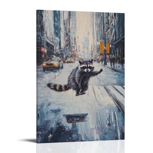 WJHJZQYY Tier-Ölgemälde eines Waschbärs, der einen Kickflip auf einer belebten Stadtstraße durchführt, dekoratives Wandbild, modernes Kunstposter, 50 x 75 cm von WJHJZQYY