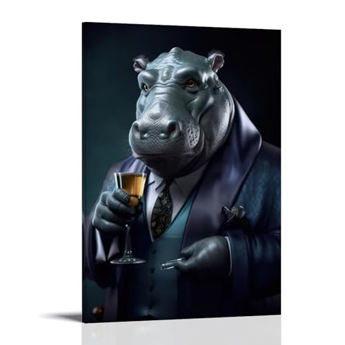 WJHJZQYY Tierposter, Nilpferd mit Weinglas, dekoratives Wandbild, modernes Kunstposter, 20 x 30 cm von WJHJZQYY