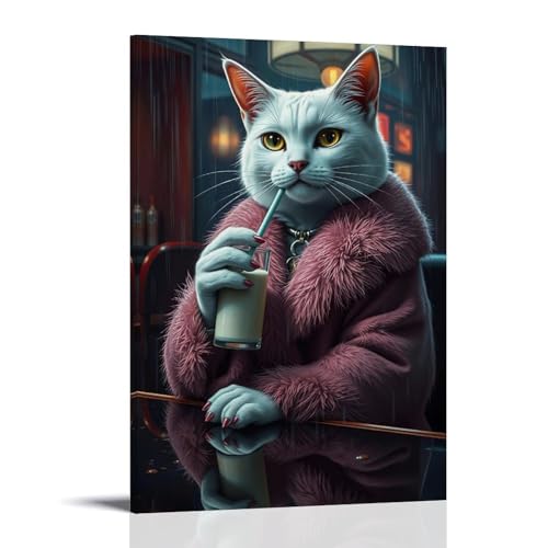 WJHJZQYY Tierposter mit Katze im roten Mantel, die Kaffee trinkt, während sie an einem Tisch sitzt, dekoratives Wandbild, modernes Kunstposter, 30 x 45 cm von WJHJZQYY