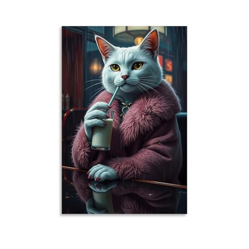 WJHJZQYY Tierposter mit Katze im roten Mantel, die Kaffee trinkt, während sie an einem Tisch sitzt, dekoratives Wandbild, modernes Kunstposter, 50 x 75 cm von WJHJZQYY