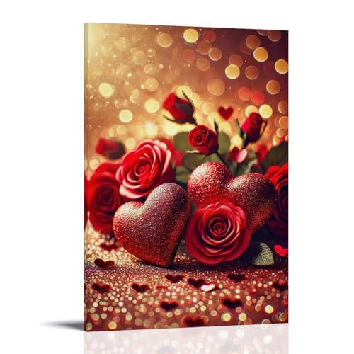 WJHJZQYY Valentinstags-Poster mit roten Rosen und roten Herzen auf einem Tisch, dekoratives Wandbild, modernes Kunstposter, 60 x 90 cm von WJHJZQYY