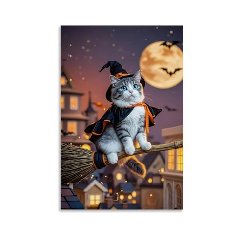 WJHJZQYY Wanddekoration, Motiv: gruselige Zaubererkatze, dekoratives Wandbild, modernes Kunstposter, 60 x 90 cm von WJHJZQYY