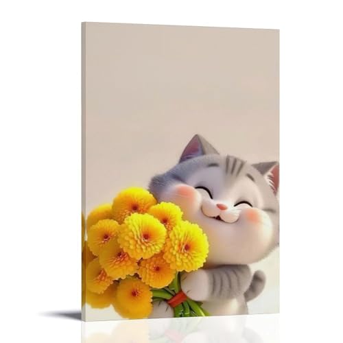 WJHJZQYY Wanddekoration, Motiv: lächelnde Kitty, handgefertigt, gelbe Blumen, dekoratives Wandbild, modernes Kunstposter, 30 x 45 cm von WJHJZQYY