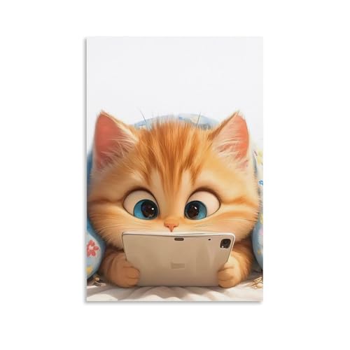 WJHJZQYY Wanddekoration, flauschige Katze, die auf dem Handy liegt, dekoratives Wandbild, modernes Kunstposter, 30 x 45 cm von WJHJZQYY