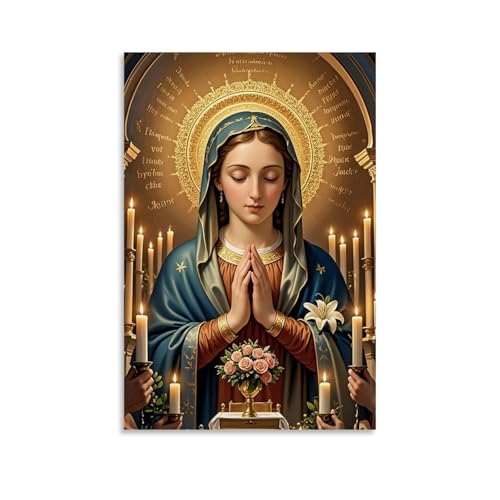 WJHJZQYY Wanddekoration, religiöse Kunst, göttliche Anmut, Illustrierte Jungfrau Maria, Statue mit Kerzen und Blumen, dekoratives Wandbild, modernes Kunstposter, 60 x 90 cm von WJHJZQYY