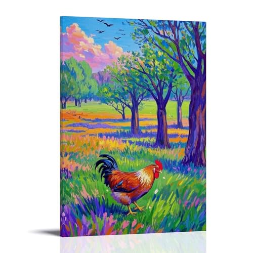 WJHJZQYY Wandkunst-Poster mit lebendigem Henne-Motiv, buntes Huhn in üppiger Landschaft, dekoratives Wandbild, modernes Kunstposter, 40 x 60 cm von WJHJZQYY
