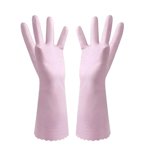 WJIAYAO Reinigungshandschuhe Mit Fleece gefütterte Haushaltshandschuhe aus Latexgummi for Geschirrspülen und Wäschewaschen. Zweifarbiges Blockdesign for den Heimgebrauch(Flocking short pink) von WJIAYAO