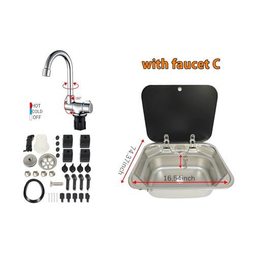 RV Caravan Camping Edelstahl Handwaschbecken Waschbecken mit gehärtetem Glasdeckel RV Zubehör RV Edelstahl Abgedeckt Waschbecken(Sink with Faucet C) von WJLYDM