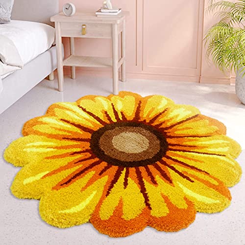 Handgemachte Sonnenblume Teppich, Blumenform Ultra Soft Fluffy Bodenmatte, Wasser Absorbierend rutschfeste Eingang Fußmatte Für Toilette Badewanne Dusche Badezimmer Matte ,Gelb,80CM von WJMSDK