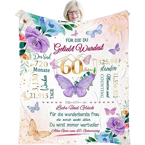 WJMSDK Geschenke zum 60. Geburtstag für Frauen, Kuscheldecke Geburtstagsgeschenk für Mama Oma Beste Freundin Ehefrau Schwester Kollegin zum Geburtstag, Flauschige Fleecedecke Geschenkideen von WJMSDK