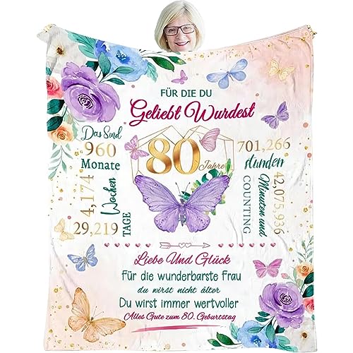 WJMSDK Geschenke zum 80. Geburtstag für Frauen, Kuscheldecke Geburtstagsgeschenk für Mama Oma Beste Freundin Ehefrau Schwester Kollegin zum Geburtstag, Flauschige Fleecedecke Geschenkideen von WJMSDK