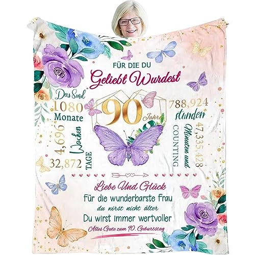 WJMSDK Geschenke zum 90. Geburtstag für Frauen, Kuscheldecke Geburtstagsgeschenk für Mama Oma Beste Freundin Ehefrau Schwester Kollegin zum Geburtstag, Flauschige Fleecedecke Geschenkideen von WJMSDK