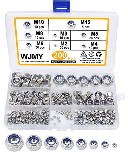 WJMY Selbstsichernde Muttern Sechskantmuttern 200Stk 304 Edelstahl Kontermuttern Set Sicherungsmuttern Stopmuttern M2 M3 M4 M5 M6 M8 M10 M12 von WJMY