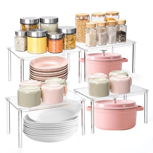 WJMY 4 Stück Küchen Organizer Regal, Transparent Küchenschrank Organizer, Küchenregal Arbeitsplatte, Gewürzregal, Becherhalter, Erweiterbar, Stapelbar, für Küchenarbeitsplatten von WJMY