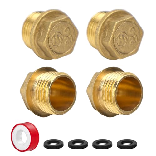 WJMY 4 Stück Messing Blindstopfen 1/2", Außengewinde Blindstopfen Wasserleitung mit Gummiring+Gewindeschutzband, Verschlussstopfen für Rohranschluss, Heizung und Wassersysteme von WJMY